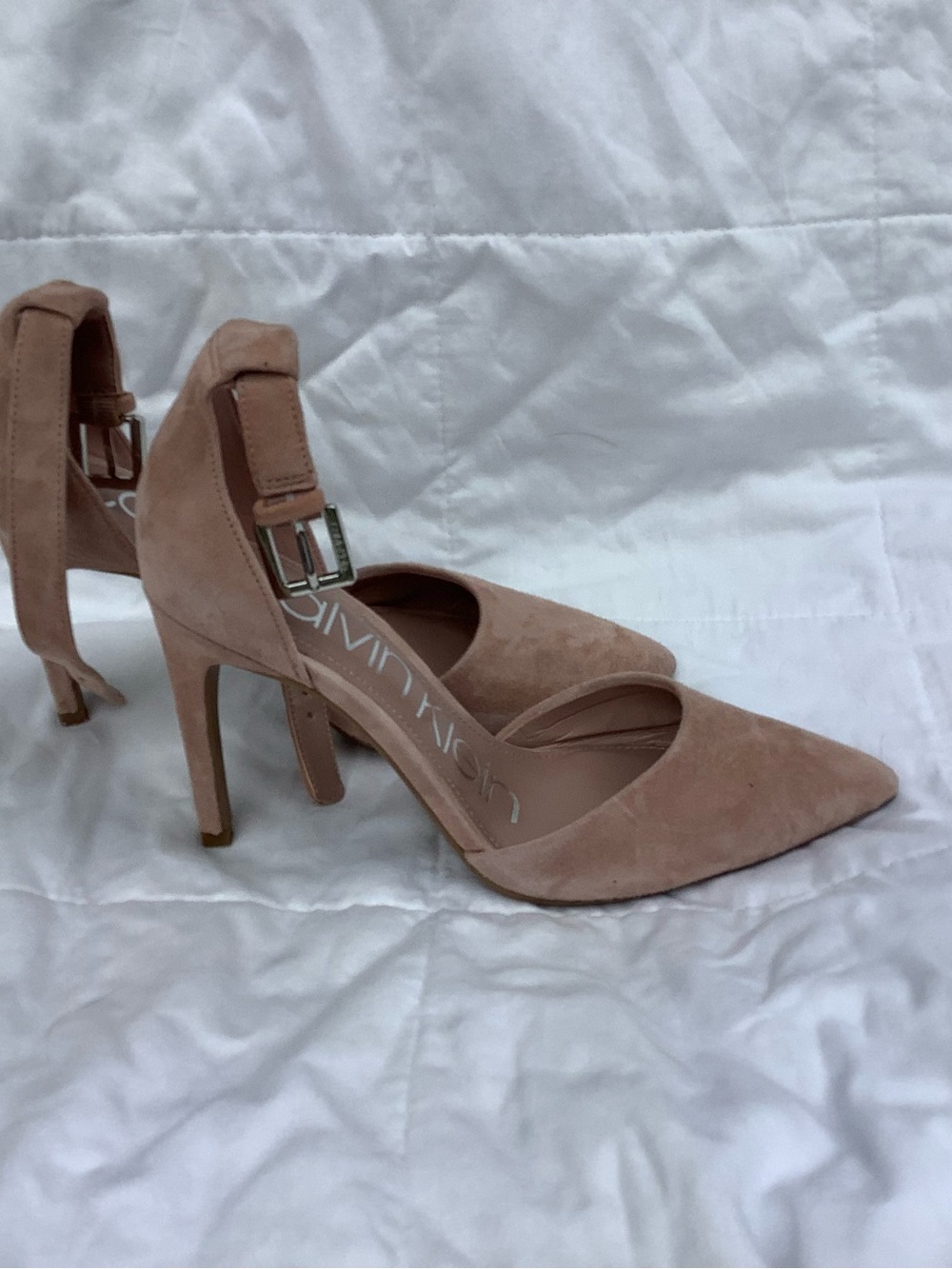 Calvin Klein Blush Suede Pointed-Toe Ankle-Strap Heels